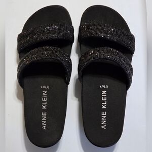 New Anne Klein Black Rhinestone Sparkly Slip On Platform Sandals Sz 8 Versatile
